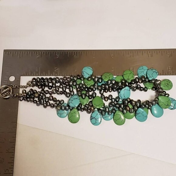 Black Freshwater Pearl with Turquoise & Green Howlite Teardrop 3 Strand Necklace - Picture 6 of 7
